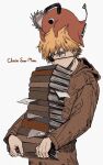  1boy animal_on_head bangs blonde_hair book book_stack brown_hoodie chainsaw chainsaw_man covered_mouth denji_(chainsaw_man) eyepatch highres holding holding_book hood hoodie looking_to_the_side on_head pochita_(chainsaw_man) short_hair simple_background solo_focus spiked_hair tasuketemama white_background yellow_eyes 