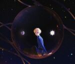  1boy absurdres belt black_belt black_pants blonde_hair blue_eyes blue_jacket chi.:_chikyuu_no_undou_ni_tsuite closed_mouth commentary earth_(planet) full_body highres in_bubble jacket male_focus melting_maria pants planet rafal_(chi.) short_hair sitting solo untranslatable_commentary 