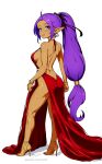  1girl ahoge alternate_costume alternate_hairstyle ass backless_dress backless_outfit bare_shoulders blue_eyes blush bracelet breasts dark-skinned_female dark_skin dress earrings full_body gold_bracelet high_heels hoop_earrings jewelry large_breasts long_hair looking_at_viewer parted_lips pointy_ears ponytail purple_hair red_dress revenantart shantae shantae_(series) sideboob simple_background sleeveless sleeveless_dress smile solo very_long_hair white_background 