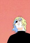  1boy badeni black_shirt blonde_hair blue_eyes chi.:_chikyuu_no_undou_ni_tsuite collared_shirt eyepatch film_grain floating_hair highres looking_to_the_side male_focus one_eye_covered pulsar_okbd red_background scar scar_on_face scar_on_mouth shirt short_hair solo white_shirt 