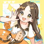  1girl :d \||/ akane_(akane112234) blunt_bangs blush_stickers border brown_eyes brown_hair commentary gakuen_idolmaster grid_background hand_up highres idolmaster kuramoto_china long_hair looking_at_viewer open_mouth orange_skirt outside_border parted_bangs shirt short_sleeves skirt smile solo sparkle untranslatable_commentary upper_body white_background white_shirt yellow_border 