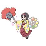  1girl badge badge_(pokemon) black_eyes black_hair black_sandals closed_mouth commentary_request erika_(pokemon) eyelashes full_body hairband japanese_clothes kimono open_mouth petals pink_petals pokemon pokemon_(creature) pokemon_firered_and_leafgreen print_kimono rainbow_badge red_hairband sandals short_hair simple_background smile thanks_0u0 vileplume white_background 