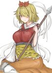  1girl absurdres animal_print blonde_hair breasts hair_ornament hair_over_one_eye highres holding holding_polearm holding_weapon kuraki large_breasts light_smile looking_at_viewer multicolored_hair polearm short_hair simple_background solo spear tiger_print toramaru_shou touhou weapon white_background wide_sleeves yellow_eyes 