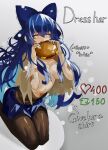  1girl arrow_(symbol) blue_bow blue_hair blue_skirt blush bow breasts burger crying eating english_commentary english_text food foot_out_of_frame gradient gradient_background grey_background hair_bow hair_censor happy_tears highres holding holding_food like_and_retweet long_hair medium_breasts navel oversized_clothes panties pantyhose seiza sitting skirt solo tears tomatolover16 topless touhou twitter_strip_game underwear yorigami_shion 