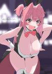  1girl bare_arms black_bat blurry blurry_background blush boots bow bowtie breasts buttons coattails commentary_request cowboy_shot detached_collar fang fold-over_boots hair_intakes hands_on_own_hips hanging_breasts hashtag highres jaggy_lines lapels large_breasts leaning_forward leotard long_hair looking_at_viewer miton-chan_(miton_(turuyasann)) miton_(turuyasann) open_mouth original pink_hair red_bow red_bowtie red_eyes skin_fang solo tailcoat thigh_boots traditional_bowtie two_side_up v-shaped_eyebrows white_leotard white_wrist_cuffs wrist_cuffs 