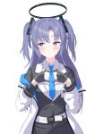  1girl :/ absurdres averting_eyes belt black_gloves black_jacket black_skirt blue_archive blue_necktie blush breasts collared_shirt commentary_request gloves hair_between_eyes hair_ornament halo heart heart_hands highres id_card jacket jacket_partially_removed long_hair looking_to_the_side mechanical_halo millennium_science_school_logo multicolored_eyes necktie pleated_skirt purple_eyes purple_hair shirt simple_background skirt triangle_hair_ornament two-tone_eyes two_side_up very_long_hair white_background white_belt white_jacket yuso_mrk315 yuuka_(blue_archive) 