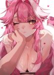  1girl 1other :3 absurdres aegyo_sal amattoart animal_ears artist_name blush bra breasts cleavage closed_mouth collarbone commentary english_commentary eyeshadow hair_intakes hand_on_another's_cheek hand_on_another's_face heart highres hololive hololive_english huge_breasts jacket long_hair looking_at_viewer makeup multicolored_hair official_alternate_costume one_eye_closed panther_ears panther_girl panther_tail pink_hair pink_jacket pink_lips raora_panthera red_eyeshadow shiny_skin simple_background smile solo_focus strap_slip streaked_hair tail two-tone_hair underwear virtual_youtuber watermark white_background white_bra yellow_eyes 