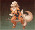  anthro arcanine archery arrow_(disambiguation) bow_(disambiguation) female generation_1_pokemon harmaagriffin hi_res hunched_over hunter nintendo pokemon pokemon_(species) sketch solo tribal video_games 