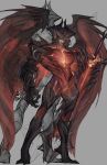  1boy aatrox bangs black_skin colored_skin cuntboy demon demon_boy demon_wings full_body glowing glowing_eyes grey_background helmet highres league_of_legends male_focus multiple_views muscular muscular_male pussy red_eyes red_skin shiny shiny_skin standing sword weapon wings xkov_(cerberuskeeper) 