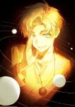  1boy blonde_hair blue_eyes buttons chi.:_chikyuu_no_undou_ni_tsuite commentary_request highres jacket jewelry looking_at_viewer male_focus necklace ookami_ciro open_mouth orbital_path planet rafal_(chi.) short_hair solar_system solo space teeth upper_body 