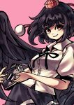  1girl absurdres bird_wings black_hair black_ribbon black_skirt black_trim black_wings breasts buttons camera collared_shirt commentary cowboy_shot dot_nose feathered_wings hat highres holding holding_camera looking_at_viewer medium_breasts parted_lips pink_background pom_pom_(clothes) red_eyes red_hat ribbon shameimaru_aya shirt short_hair simple_background skirt smile solo tengu tokin_hat touhou user_jnhm8724 white_shirt wings 