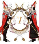  2boys absurdres black_hair cape cloak countdown easthies_(tongari_boushi_no_atelier) facial_hair full_body hair_tie hat hat_tassel highres holding holding_weapon knights_moralis_uniform long_hair long_sleeves multiple_boys orange_hair pants red_cape red_cloak red_hat shoes short_hair simple_background smile standing tongari_boushi_no_atelier utowin_(tongari_boushi_no_atelier) vandoesart weapon white_background 