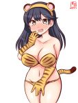  1girl alternate_costume animal_ears animal_hands animal_print artist_logo bikini black_hair blush breasts brown_eyes collarbone cowboy_shot dated elbow_gloves fang gloves kanon_(kurogane_knights) kantai_collection large_breasts long_hair looking_at_viewer one-hour_drawing_challenge open_mouth simple_background single_elbow_glove smile solo swimsuit tail tiger_ears tiger_paws tiger_print tiger_tail twintails ushio_(kancolle) white_background 
