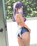  1girl ass bare_back bare_shoulders bikini black_eyes breasts chinese_commentary commentary_request cowboy_shot denim denim_shorts earrings from_side halterneck highres jewelry katsuragi_misato long_hair looking_at_viewer median_furrow medium_breasts micro_shorts neon_genesis_evangelion parted_bangs plant purple_bikini purple_hair shiliu_xian_xian_xian shorts shoulder_blades sideboob sidelocks solo stud_earrings swimsuit 