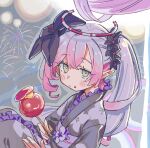  1girl aerial_fireworks alternate_costume black_flower blush candy_apple closed_mouth commentary_request drill_hair fireworks flower food food_on_face frills fruit green_eyes hair_flower hair_ornament halo holding holding_food japanese_clothes kimono long_hair looking_at_viewer multicolored_hair obi official_alternate_costume pink_hair pointy_ears princess_connect! purple_hair purple_kimono sash side_ponytail sitting solo tia_(princess_connect!) two-tone_hair tyaui_(xjju4435) yellow_eyes yukata 