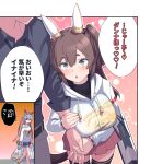  ... 1boy 2girls alternate_costume alternate_hairstyle animal_ears breasts brown_hair casual commentary_request gloom_(expression) hair_between_eyes headband highres horse_ears horse_girl horse_tail inari_one_(umamusume) kirake large_breasts long_hair multiple_girls tail tamamo_cross_(umamusume) thighs trainer_(umamusume) umamusume 