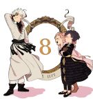  1boy 2girls absurdres agott_arklaum_(tongari_boushi_no_atelier) belt black_belt black_boots black_dress black_robe black_shoes blue_eyes blush book boots brown_boots closed_eyes countdown dress formal_clothes full_body glasses grabbing_another's_shoulder highres holding holding_book long_hair long_sleeves multiple_girls pants pink_dress pink_hair purple_hair qifrey_(tongari_boushi_no_atelier) robe shirt shoes short_hair simple_background smile standing tetia_(tongari_boushi_no_atelier) tongari_boushi_no_atelier turtleneck vandoesart white_background white_hair white_pants white_robe white_shirt yellow_belt 