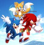  3boys :d absurdres animal_nose blue_eyes blue_sky cloud electricity flying fox_boy full_body furry furry_male gloves green_eyes highres isa-415810 jumping knuckles_the_echidna male_focus multiple_boys multiple_tails open_mouth purple_eyes serious shoes sky smile sonic_(series) sonic_heroes sonic_the_hedgehog_2_(film) tail tails_(sonic) two_tails w white_gloves 