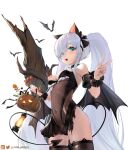  1girl absurdres animal_ear_legwear animal_ears azur_lane bare_shoulders bat_(animal) black_dress black_tail black_thighhighs black_wings blue_eyes breasts cat_ears chinese_commentary cleavage commentary_request covered_navel cowboy_shot demon_tail demon_wings dress eyes_visible_through_hair fake_animal_ears hair_over_one_eye halloween_costume highres holding jack-o&#039;-lantern janload1ng janus_(azur_lane) janus_(fright-night_scaredy-cat)_(azur_lane) lantern long_hair looking_at_viewer medium_breasts official_alternate_costume open_mouth pixiv_logo see-through simple_background solo tail thighhighs thighs torn_clothes torn_dress torn_thighhighs tree twintails twitter_logo twitter_username v very_long_hair white_background white_hair wings 