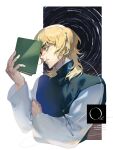  1boy badeni black_tabard blonde_hair book chi.:_chikyuu_no_undou_ni_tsuite closed_mouth commentary_request highres holding holding_book korean_commentary looking_at_viewer male_focus medium_hair rke scar scar_on_face scar_on_mouth scar_on_nose short_hair simple_background solo tabard tonsure twitter_username white_background 
