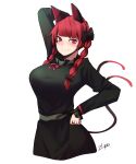  1girl :3 absurdres animal_ears arm_behind_head arm_up bangs black_bow blunt_bangs blush bow braid breasts cat_ears cat_tail cropped_legs dress eyebrows_hidden_by_hair fang fang_out forked_tail hair_bow hand_on_hip highres huge_breasts kaenbyou_rin long_sleeves looking_at_viewer multiple_tails nekomata red_eyes red_hair sign signature simple_background slit_pupils smile solo tail touhou twin_braids two_tails white_background zanlyu 