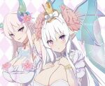  2girls artist_name bare_shoulders blush bow bracelet breasts butterfly_wings cleavage clothing_cutout commentary_request crown demon_girl demon_horns demon_wings dragon_girl dress duel_monster fairy fairy_wings flower hair_between_eyes hair_flower hair_ornament hands_on_own_chest highres horns huge_breasts insect_wings jewelry large_breasts long_hair looking_at_viewer minerva_(princess_connect!) mini_crown misukon multiple_girls open_mouth parted_lips pink_eyes pink_flower pink_hair pointy_ears princess_connect! purple_eyes smile tattoo twitter_username upper_body vision_empress white_bow white_dress white_hair wings 