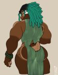  2022 absurd_res ambiguous_gender anthro big_butt brown_body brown_fur butt chaosdraws clothing colored digital_media_(artwork) dreadlocks dress facial_piercing fur green_clothing green_dress green_wristband hair half-closed_eyes hi_res lagomorph leporid looking_at_viewer looking_back mammal markings mole_(marking) multicolored_hair muscular narrowed_eyes nonbinary_(lore) nose_piercing nose_ring piercing rabbit rear_view reese_lightlender ring_piercing smug solo stripes thick_thighs two_tone_hair white_stripes wristband 