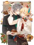  2boys ^_^ alhaitham_(genshin_impact) alternate_hairstyle antenna_hair arm_strap belt berry black_pants black_vest blonde_hair blue_sash blueberry blush border brown_background cake cake_slice cherry chinese_commentary chocolate_cake chocolate_syrup choker closed_eyes coffee coffee_beans coffee_mug collared_shirt commentary_request cowboy_shot cranberry cup donut eyelashes feather_hair_ornament feathers feeding flower food food_request fork fruit genshin_impact gold_thighlet green_belt green_hair green_necktie grey_hair grey_pants grey_shirt grin hair_between_eyes hair_ornament hand_on_another's_waist hands_up high_ponytail highres holding holding_fork holding_plate jewelry kaveh_(genshin_impact) leaf long_sleeves macaron male_focus milkshake mug multicolored_hair multiple_boys necktie orangezhaoze outline outside_border pants parted_bangs parted_lips pinstripe_pattern pinstripe_vest plant plate ponytail pudding puffy_long_sleeves puffy_sleeves red_choker red_ribbon red_sash ribbon ribbon_choker sash shirt short_hair sleeves_rolled_up smile spoon standing strawberry strawberry_blossoms swept_bangs swiss_roll syrup thighlet tie_clip vest wafer_stick waffle white_border white_flower white_outline white_shirt wing_collar yaoi 