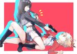  2girls ^^^ absurdres bangs black_hair black_socks blonde_hair blue_dress browning_hi-power commentary_request dress finger_on_trigger girl_on_top grey_dress gun hair_ribbon handgun highres inoue_takina long_hair lycoris_recoil lycoris_uniform lying m1911 multiple_girls nishikigi_chisato no_shoes on_back pleated_dress pointing_gun purple_eyes red_background red_dress red_ribbon ribbon saitogiulio school_uniform short_hair simple_background sitting sitting_on_person socks two-tone_dress weapon yuri 