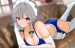  1girl :/ apron bikini blue_bikini blurry blurry_background bow braid breasts cleavage closed_mouth commentary couch curtains day dot_nose elbow_gloves frilled_bikini frills gloves green_bow grey_hair hair_bow hand_in_own_hair hand_up indoors izayoi_sakuya light_blush long_hair looking_at_viewer lying maid maid_bikini maid_headdress medium_breasts on_couch on_stomach photo_background red_eyes solo swimsuit thighhighs touhou twin_braids unconventional_maid waist_apron white_gloves white_thighhighs window zivmf 