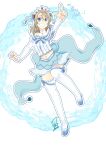  1girl absurdres birthday blue_eyes blue_shoes commentary detached_sleeves earrings full_body grey_hair grin highres jewelry koi_ni_naritai_aquarium love_live! love_live!_sunshine!! medium_hair midriff navel shoes signature smile solo thighhighs tiara translation_request watanabe_you water white_background white_thighhighs yuusei_honpo 