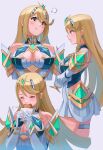  1girl :t absurdres armor bangs bare_shoulders blonde_hair breasts cleavage cleavage_cutout clothing_cutout commentary_request crossed_arms dangle_earrings dress earrings eating food gxp highres holding holding_food jewelry large_breasts long_hair multiple_views mythra_(xenoblade) pout profile short_dress simple_background swept_bangs thigh_strap tiara white_dress xenoblade_chronicles_(series) xenoblade_chronicles_2 yellow_eyes 