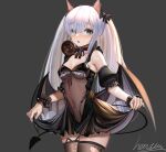  1girl animal_ears artist_name azur_lane bangs black_background black_choker black_dress black_tail black_thighhighs black_wings blue_eyes blush bodystocking bow breasts cat_ears choker clothes_lift covered_navel dress dress_lift fake_animal_ears feet_out_of_frame hair_bow halloween_costume heatia highres janus_(azur_lane) janus_(fright-night_scaredy-cat)_(azur_lane) long_hair looking_at_viewer medium_breasts official_alternate_costume open_mouth solo standing thighhighs torn_thighhighs twintails white_hair wings 