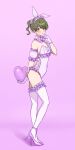  1girl absurdres animal_ears arm_behind_back bare_hips bare_shoulders blush bow breasts commentary_request detached_collar detached_sleeves facing_away frills gloves green_hair hair_ornament hand_on_own_face heart highres holding holding_heart idolmaster idolmaster_shiny_colors leotard looking_at_viewer maid_headdress nanakusa_nichika open_mouth playboy_bunny ponytail purple_background purple_bow purple_gloves purple_thighhighs rabbit_ears rabbit_hair_ornament short_ponytail small_breasts thighhighs wanitaroo._(waniwani_panic) yellow_eyes 