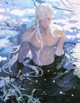  1boy abs bangs branch chinese_commentary closed_mouth collarbone commentary_request crescent crescent_facial_mark expressionless facial_mark highres inuyasha lips long_hair male_focus mmmilk muscular muscular_male parted_bangs partially_submerged pectorals pointy_ears sesshoumaru sidelocks signature snow snowing solo very_long_hair water white_hair yellow_eyes 