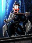  2022 3:4 anthro armor big_breasts black_body black_fur black_nose blush breasts brown_scarf canid canine canis cave clothing costume crossgender curvy_figure dark_souls disney domestic_dog dracojeff female fromsoftware fur gauntlets genitals gloves goofy_(disney) grey_armor handwear headgear helmet hourglass_figure looking_down mammal metal metal_armor mtf_crossgender navel pussy scarf solo standing thick_thighs unconvincing_armor video_games wide_hips 