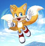  1boy :d absurdres blue_eyes blue_sky cloud flying fox_boy full_body furry furry_male gloves highres isa-415810 male_focus multiple_tails open_mouth shoes sky smile solo sonic_(series) sonic_heroes sonic_the_hedgehog_2_(film) tail tails_(sonic) two_tails white_gloves 