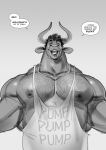  2026 5_fingers abstract_background anthro big_muscles black_and_white blue_eyes body_hair bottomwear bovid bovine cattle chest_hair clothing curly_hair detailed dialogue digital_drawing_(artwork) digital_media_(artwork) ear_piercing english_text fingers greyscale hair hi_res horn inviting_to_sex jewelry large_male male mammal monochrome muscular muscular_anthro muscular_male necklace nipples open_mouth open_smile pants piercing portrait profanity pump purplebirdman red_clothing red_shirt red_topwear shaded shirt simple_background sketch smile solo speech_bubble sweatpants tank_top teeth text three-quarter_portrait topwear white_background 