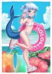  1girl absurdres armpits bangs bare_arms bare_legs bare_shoulders beach bikini blue_eyes blue_hair blunt_bangs bracelet breasts cleavage fish_tail full_body gawr_gura grey_hair grin hair_ornament highres holding holding_innertube hololive hololive_english innertube jewelry legs looking_at_viewer medium_hair multicolored_hair nanja navel outdoors paw_pose ribs sandals shark_girl shark_hair_ornament shark_tail sharp_teeth side-tie_bikini_bottom skinny small_breasts smile solo stomach streaked_hair swimsuit tail teeth virtual_youtuber walking white_bikini 