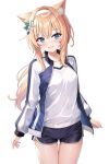  1girl :d animal_ear_fluff animal_ears bangs blue_archive blue_eyes blush cat_ears dolphin_shorts fanteam flower gym_uniform hair_flower hair_ornament hairband highres jacket long_hair long_sleeves looking_at_viewer mari_(blue_archive) mari_(gym_uniform)_(blue_archive) multicolored_clothes multicolored_jacket open_mouth orange_hair ponytail shirt short_shorts shorts sidelocks smile solo thigh_gap thighs track_jacket two-tone_jacket white_background white_flower white_hairband white_shirt 