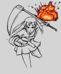  1girl :/ closed_mouth empty_eyes english_commentary explosion hand_up highres holding holding_scythe leg_up maka_albarn mychi_drawings partially_colored scythe skirt solo soul_eater twintails v-shaped_eyebrows 