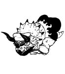  animal animal_focus blacknirrow chibi clenched_teeth clothed_animal commentary dinosaur english_commentary eyepatch full_body greyscale hat highres monochrome no_humans one_piece peaked_cap running sasaki_(one_piece) sharp_teeth short_hair shorts simple_background sketch solo teeth triceratops white_background 