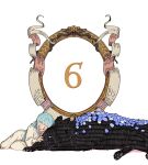  1girl absurdres blue_hair closed_eyes countdown deep_dark_wolf dress euini_(tongari_boushi_no_atelier) full_body highres long_hair long_sleeves lying richeh_(tongari_boushi_no_atelier) scales simple_background tongari_boushi_no_atelier vandoesart white_background white_dress wolf 