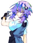  1girl :/ absurdres arm_at_side black_dress black_gloves center-flap_bangs closed_mouth colored_eyebrows commentary_request cropped_legs dress expressionless gloves hair_between_eyes hair_intakes hair_ornament highres kicorimori13 looking_at_viewer looking_back loose_hair_strand police police_uniform purple_eyes purple_hair shirt short_hair_with_long_locks short_sleeves sidelocks simple_background solo unkempt upper_body vocaloid voiceroid white_background white_shirt wide_sleeves yuzuki_yukari 
