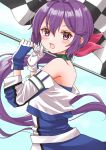  1girl akebono_(kancolle) blue_dress checkered_flag cocoperino cowboy_shot dress flag flower gloves hair_flower hair_ornament hair_ribbon holding jacket kantai_collection long_hair looking_at_viewer multicolored_clothes multicolored_gloves official_alternate_costume purple_eyes purple_hair race_queen ribbon side_ponytail solo very_long_hair white_jacket 