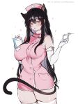  1girl absurdres animal_ears artist_name bare_shoulders black_hair black_tail blush breasts cat_ears cat_girl cat_tail clipboard closed_mouth commentary cross cross_print dress elbow_gloves english_commentary gloves hair_between_eyes hat heart highres holding holding_clipboard holding_syringe large_breasts long_hair looking_at_viewer maria_(marymeow) nurse nurse_cap original pink_dress pink_eyes pink_hat simple_background smile solo syringe tail thighhighs thighs tongue tongue_out white_background white_gloves white_thighhighs 