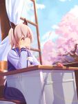  1girl absurdres amazumi animal_ears blue_sky blush bow bowtie breasts chair cherry_blossoms commentary_request curren_chan_(umamusume) desk ear_bow ear_covers grey_hair hair_between_eyes highres holding holding_pencil horse_ears horse_girl long_sleeves on_chair parted_lips pencil pencil_case pleated_skirt purple_eyes purple_sailor_collar purple_serafuku purple_shirt purple_skirt red_bow sailor_collar sailor_shirt school_chair school_desk school_uniform serafuku shirt short_hair sitting skirt sky solo tracen_school_uniform tree umamusume white_bow white_bowtie window 