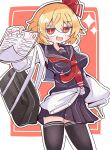  1girl :d academic_test adapted_costume ascot bag black_skirt black_thighhighs black_vest blonde_hair blush breasts commentary fang hair_between_eyes hair_ribbon highres holding holding_pencil kurakurasiteru looking_at_viewer medium_breasts open_mouth pencil red_ascot red_eyes ribbon rumia school_bag school_uniform serafuku shirt short_hair skin_fang skirt smile solo test_score thighhighs touhou vest white_shirt zettai_ryouiki 
