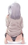 1girl absurdres ass barefoot black_panties commentary_request from_behind full_body grey_hair grey_sweater highres kantai_collection kiritto long_hair no_pants one_side_up panties side-tie_panties simple_background solo squatting suzutsuki_(kancolle) sweater underwear white_background 