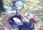  2girls :d :o ascot black_bow blue_dress blue_hair blue_skirt blue_vest blush bow cirno closed_eyes collared_shirt commission daiyousei detached_wings dress fairy_wings falling_petals flower flower_wreath grass green_eyes green_hair hair_bow hands_up head_wreath highres ice ice_wings medium_hair multiple_girls neckerchief open_hands open_mouth outdoors outstretched_arms petals picnic_basket puffy_short_sleeves puffy_sleeves red_neckerchief shirt short_sleeves skeb_commission skirt sleeve_cuffs smile socks sudoka teeth touhou tree upper_teeth vest white_shirt white_socks wings yellow_ascot yellow_bow yellow_flower 